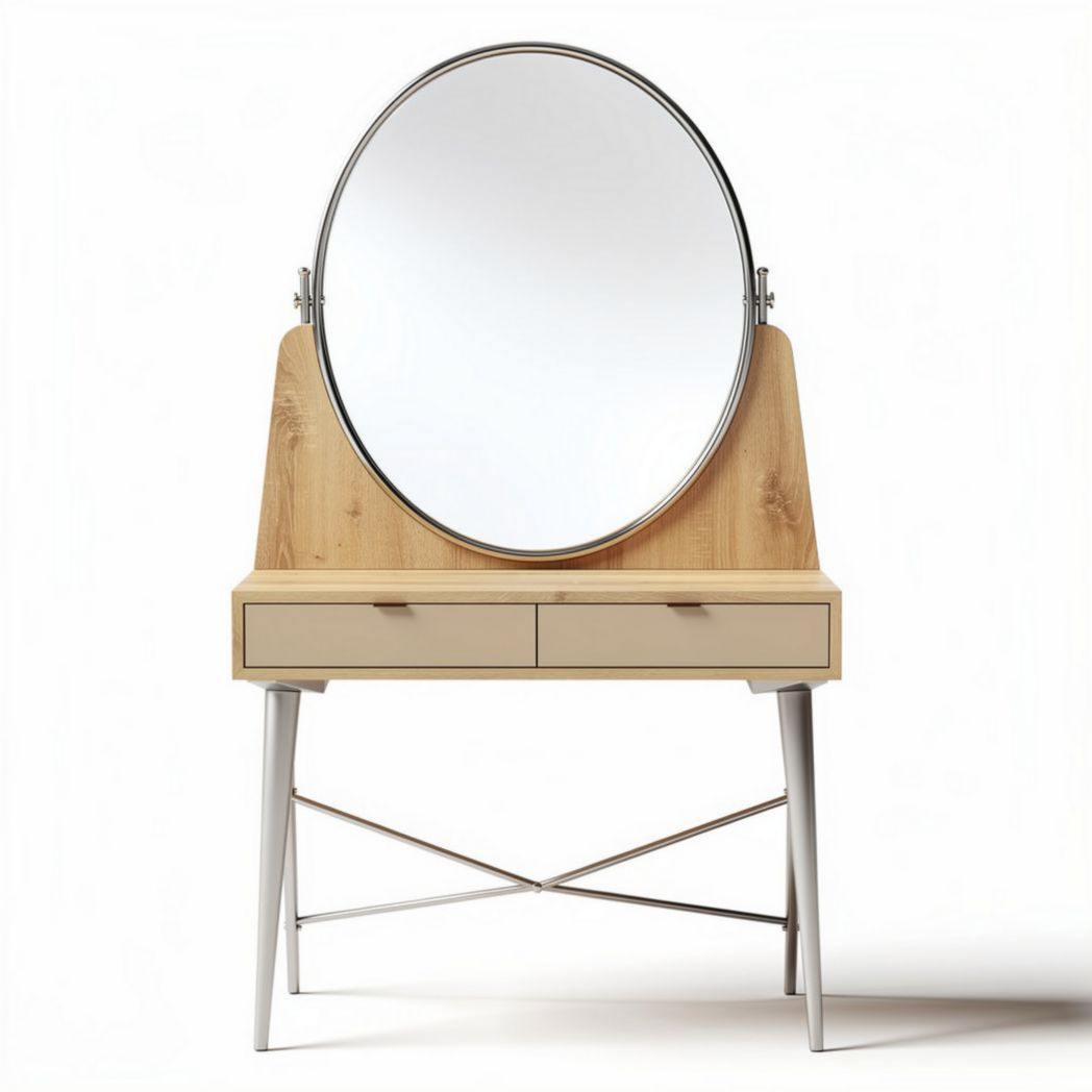 Coiffeuse en bois avec miroir rond et tiroirs en finition beige 80 x 40 x 150cm