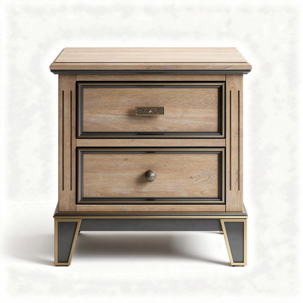 Table de chevet en bois avec deux tiroirs et finition en métal doré 50 x 40 x 60cm