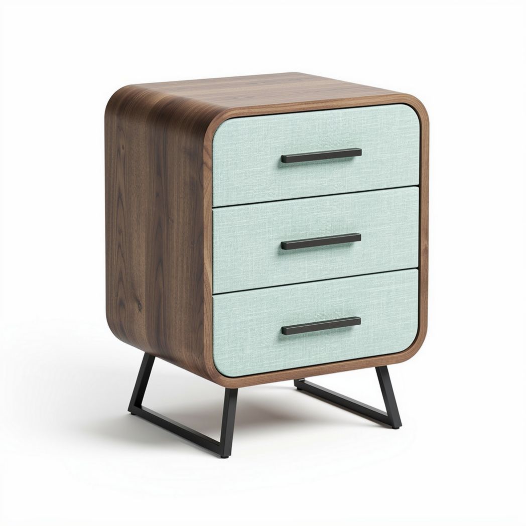 Table de chevet en bois avec trois tiroirs et finition en tissu turquoise 50 x 40 x 60cm