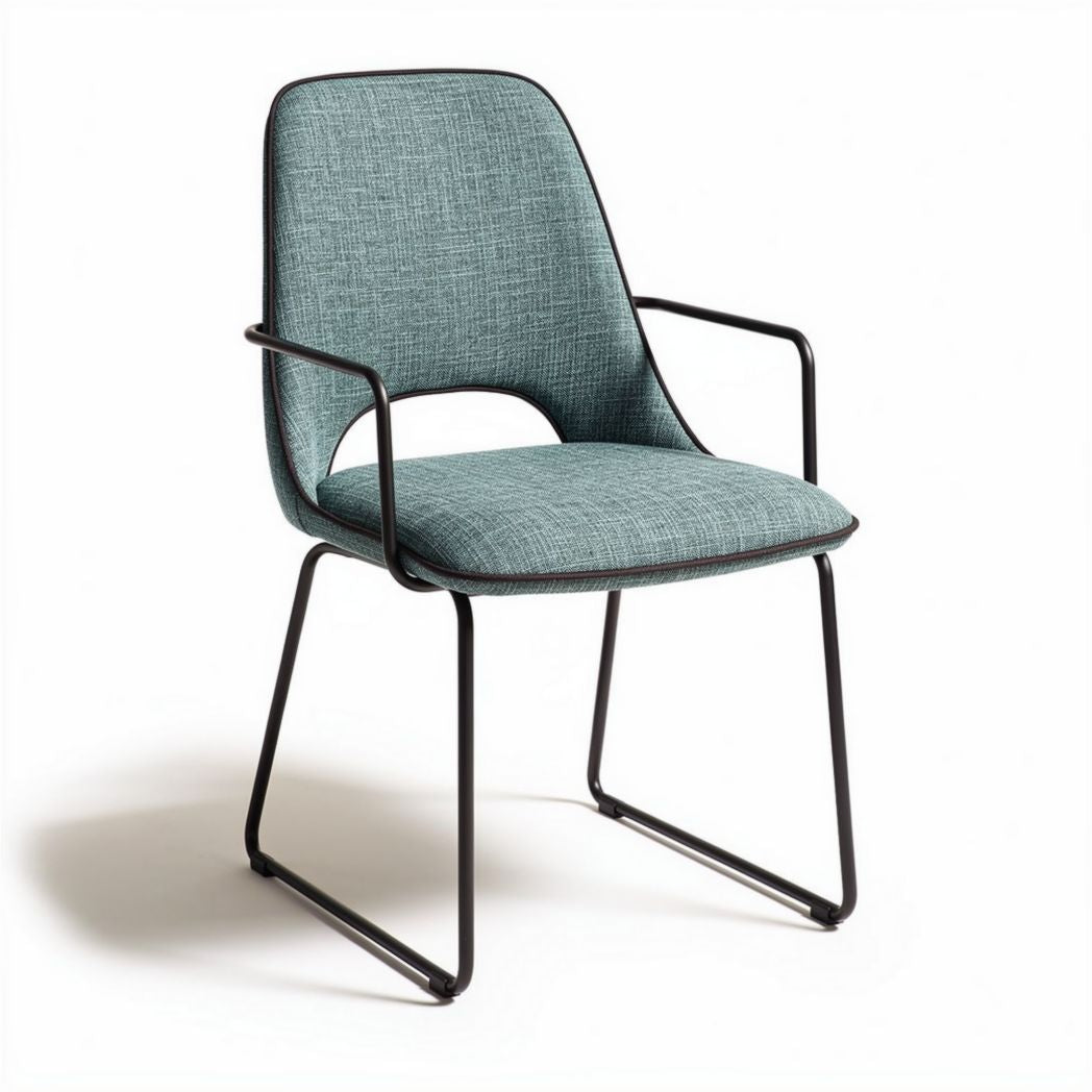Chaise en tissu vert avec accoudoirs et structure en métal noir 45 x 55 x 85cm