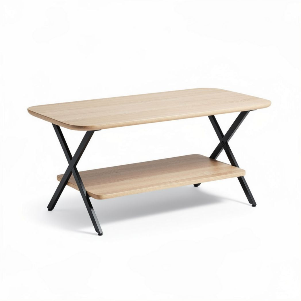 Table basse en bois clair avec étagère noire 120 x 60 x 45cm