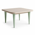Table carrée en bois avec pieds en verre vert dimensions 80 x 80 x 75cm