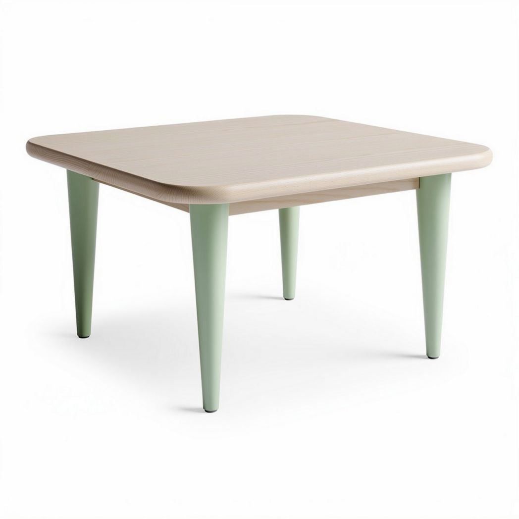 Table carrée en bois avec pieds en verre vert dimensions 80 x 80 x 75cm