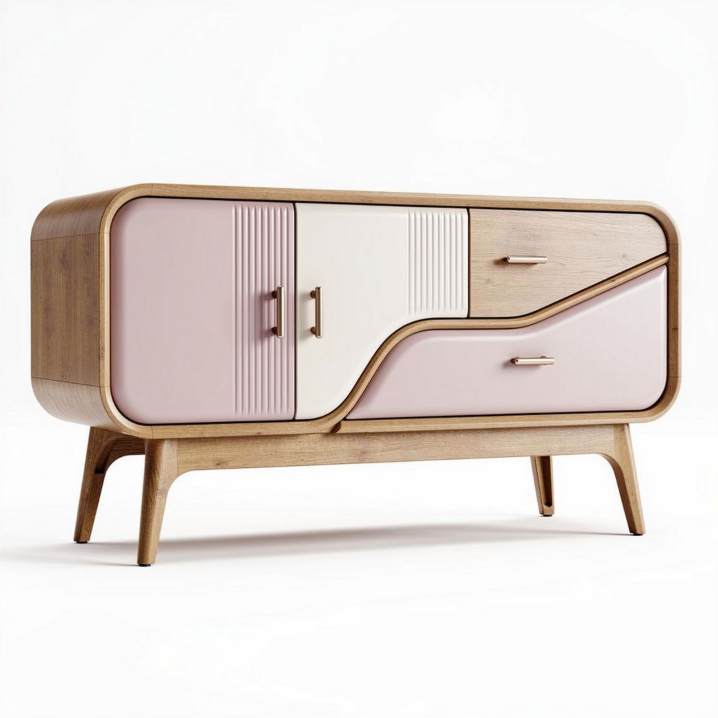 Meuble de rangement contemporain en bois avec portes en rose et blanc 120 x 40 x 75cm
