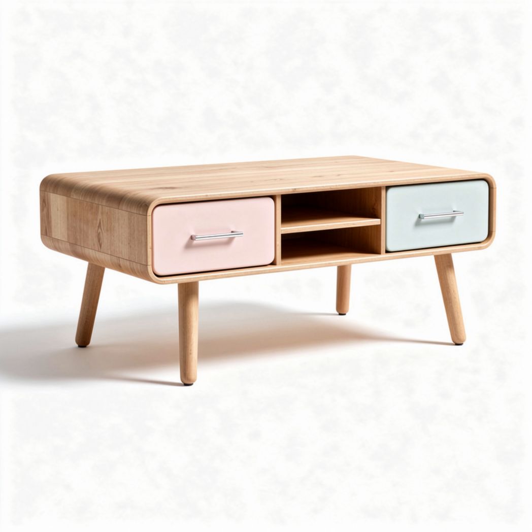 Table basse en bois naturel avec tiroirs colorés 90 x 50 x 40cm