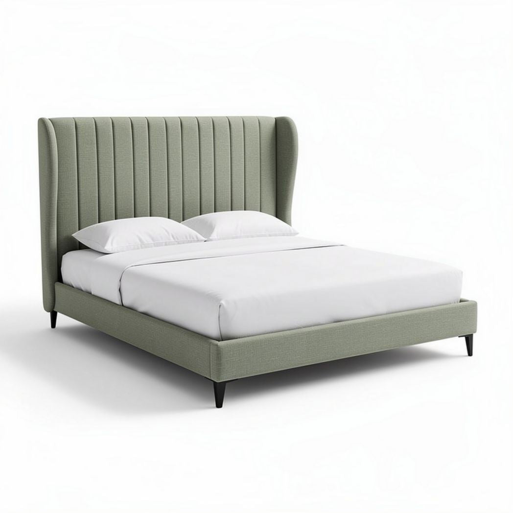Lit en tissu vert avec tête de lit capitonnée dimensions 200 x 160 x 110cm
